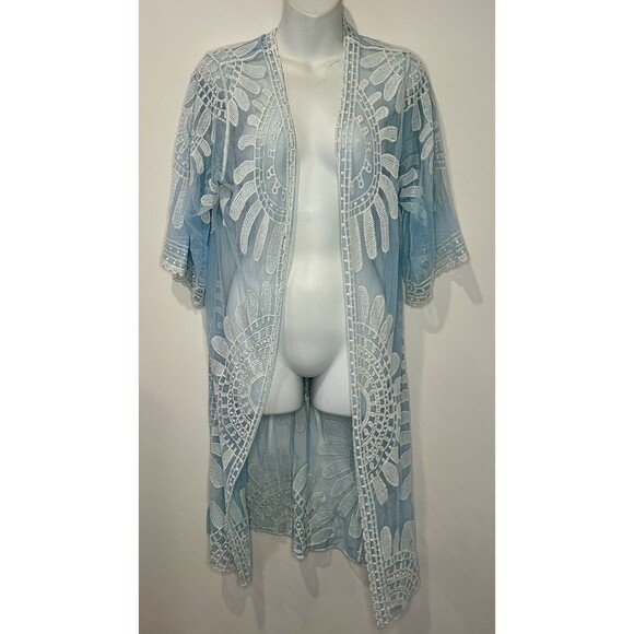Rebellion Again Boho Kimono Duster Cover Up Floral Lace Light Blue Size S NWT!! - Picture 2 of 6